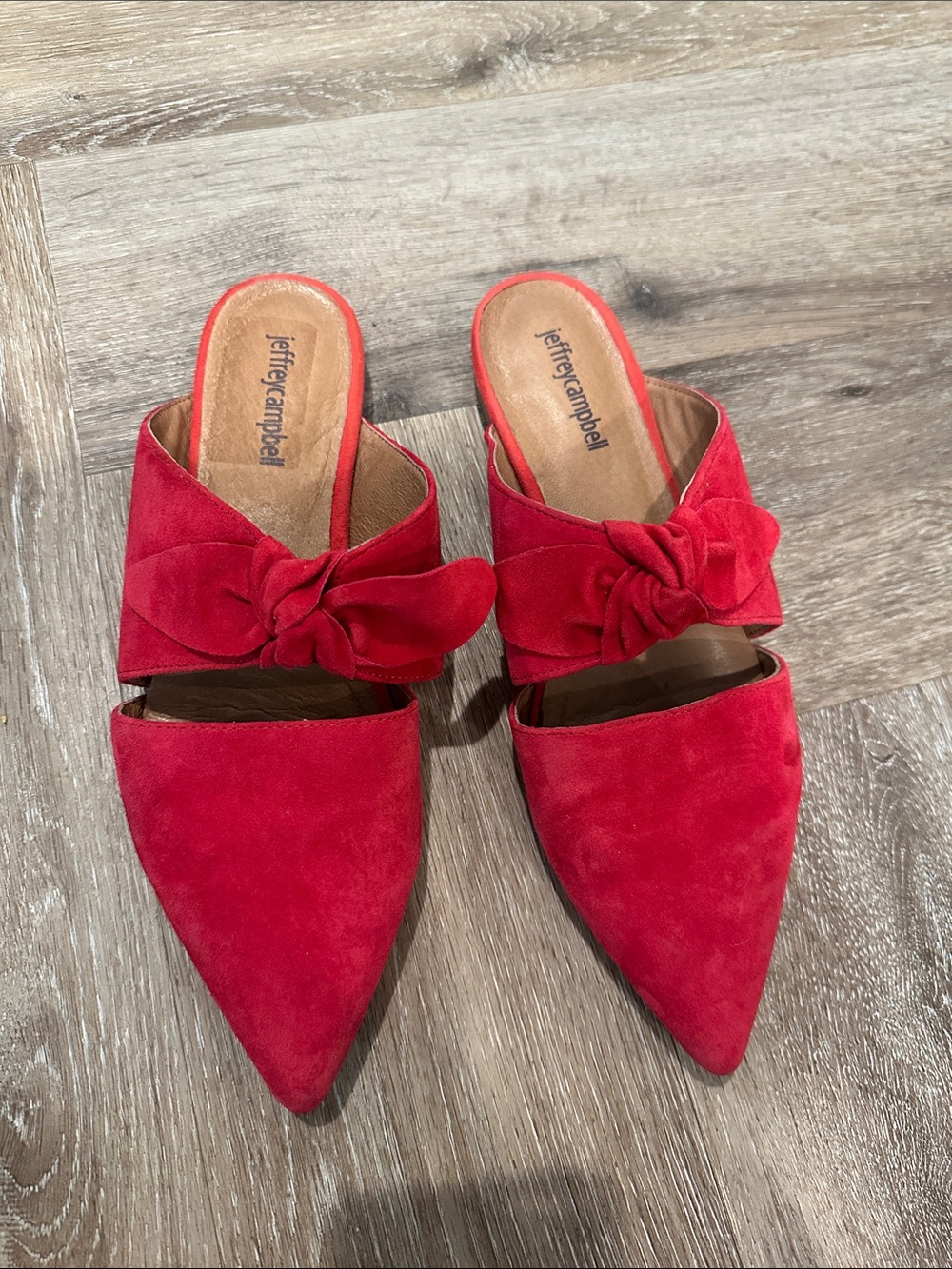 Jeffrey Campbell Red Suede Pointed Bow Mules